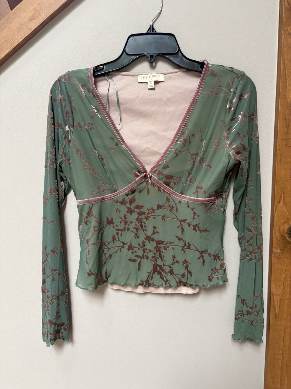 Thirty Thirty LA Top Womens L Green Floral Velvet Mesh Y2K Fairycore Long Sleeve